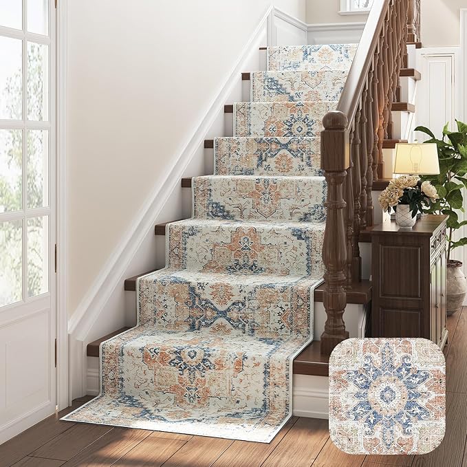 jinchan Kelda Runner Rug 2x8 Hallway Rug Washable Runner Vintage Mat Retro Print Lightweight Non-Slip Floor Cover Distressed Thin Carpet for Entryway Bathroom Bedroom Laundry Room Stairway Orange