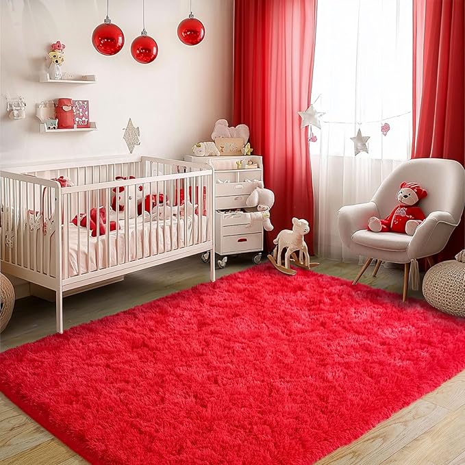 Red Fluffy Rug Plush Carpet for Bedroom Dorm, Non-Slip High Pile Rug, Shag Rug for Playroom Nursery Home Office Decor 6X9 Ft