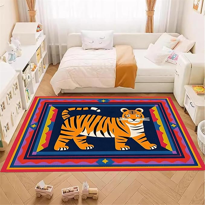 Cartoon Tiger Area Rug, 5x6ft,Tiger Theme Decorative Rug Suitable for Living Room Sofa Area, Modern Abstract Non-Slip Washable Tiger Pattern Rug Suitable for Bedroom Children's Room Decoration