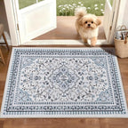 2' x 3' Blue Washable Area Rugs, Non-Slip Entryway Rug, Boho Low Pile Door Mat Indoor Entrance, Floral Medallion Pattern Vintage Rugs for Kitchen Bedroom Bathroom Laundry Living Room Farmhouse