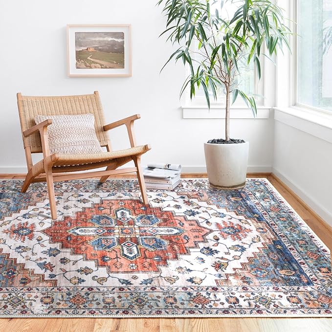 COMSLE Area Rug 4x6 Faux Wool Rugs for Kitchen, Boho Washable Throw Rugs Non-Slip Distressed Carpet Soft Accent Floor Rug for Bedroom, Living Room, Laundry Room (Rust Red)