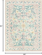 Morebes Floral Pink Rugs for Bedroom Girls, Washable 5x7 Large Area Rug for Living Room Non Slip, Vintage Low-Pile Indoor Floor Boho Flower Carpet for Kids Nursery Playroom, Light Pink&Green