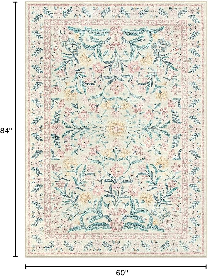 Morebes Floral Pink Rugs for Bedroom Girls, Washable 5x7 Large Area Rug for Living Room Non Slip, Vintage Low-Pile Indoor Floor Boho Flower Carpet for Kids Nursery Playroom, Light Pink&Green