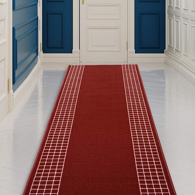 Custom Made Runner Rug for Kitchen Foyer Hallway Entry Choose Your Length 31 Inch Wide Geometric Checkered Design Red Color (36 feet x 31 Inch)