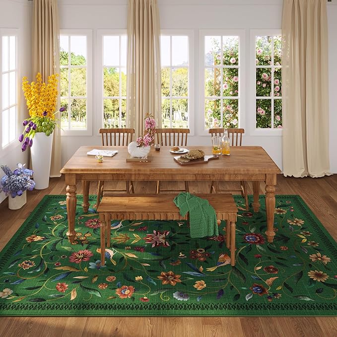 Vintage Medallion Floral 5x7 Area Rugs, Machine Washable Non-Slip, Low Pile Soft Carpet for Living Room, Bedroom, Dining Room, Farmhouse, Kids Playroom, Office | Green
