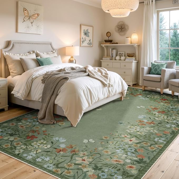 Wonnitar Washable Area Rug 6x9, Green Floral Living Room Rugs, Non-Slip Soft Dining Room Table Rug, Botanical Bedroom Rug Floor Carpet for Mud Room Basement (Green,6'x9')