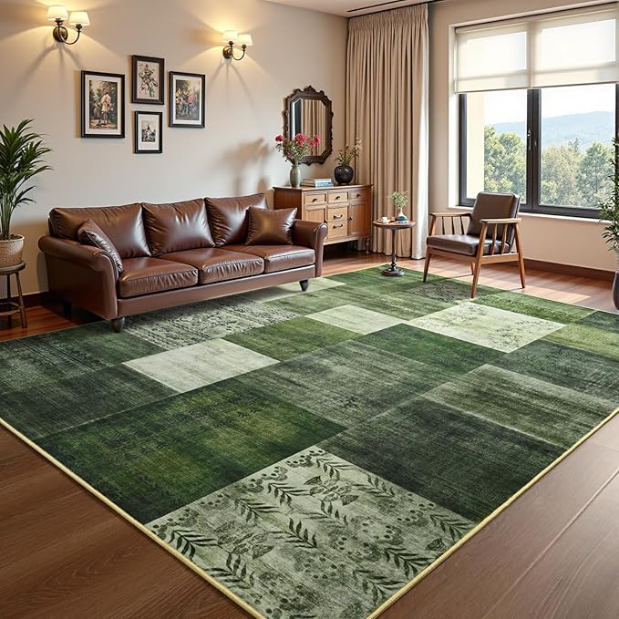 DweIke Washable Area Rugs for Living Room, 6x9 Large Bedroom Rugs, Geometric Print Non Slip Low Pile Indoor Throw Carpets for Bedroom Apartment Dining Room Home Office Hardwood Floor, Green
