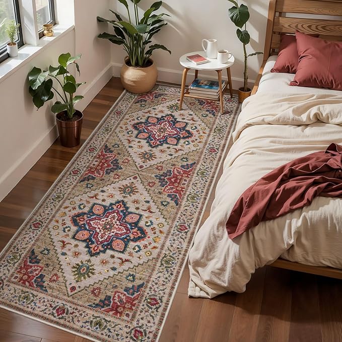 Tangsoo 2x6 Washable Runner Rug for Hallways, Non Slip Vintage Runner Rug, Soft Boho Low Pile Long Rug Runner, Carpet Runners for Kitchen Bedroom Entryway Bathroom Living Room Beige/Red