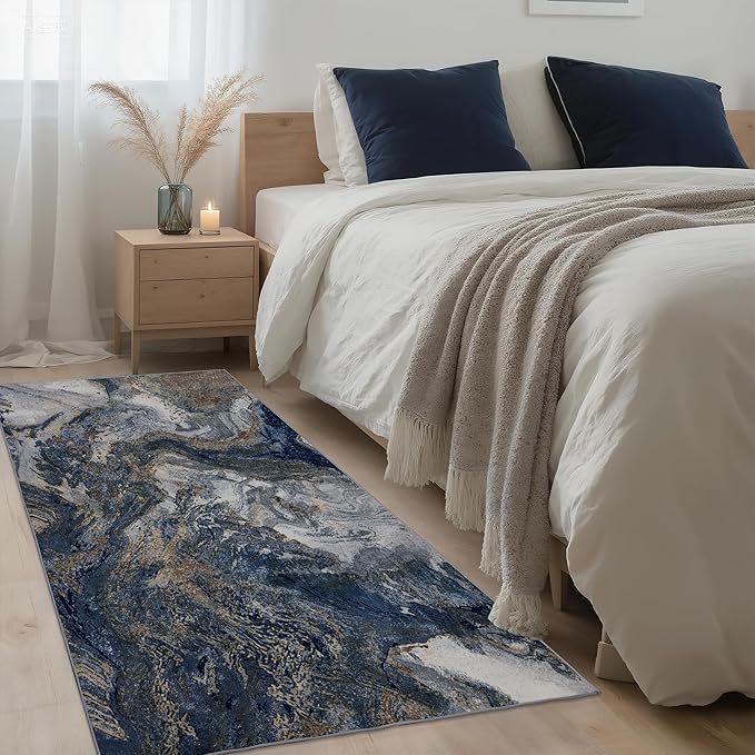 Abstract 2x6 Runner Rug: Modern Washable Rug for Entryway Hallway Bedside Kitchen Indoor - Non Slip Thin Low Pile - Blue Gold