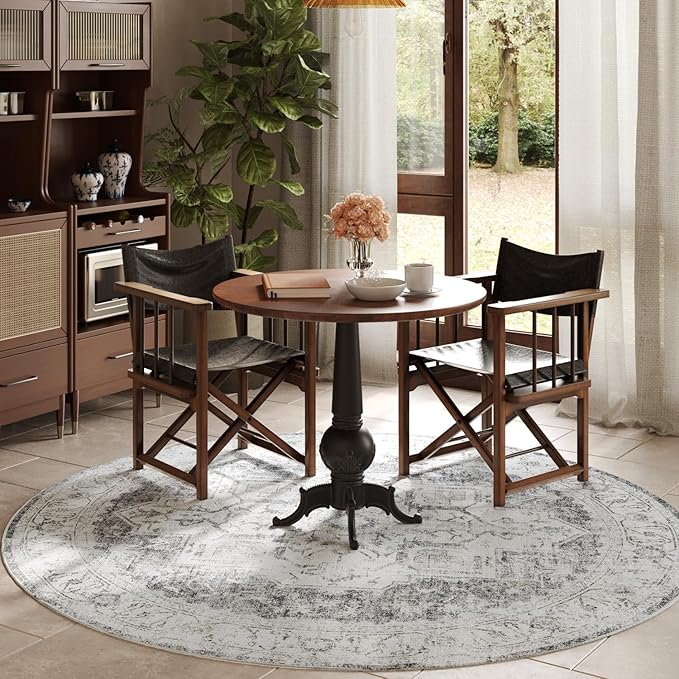jinchan Kelda Round Rug 6ft Washable Area Rug Indoor Vintage Bedroom Floor Cover Distressed Circle Mat 6' Round Lightweight Non Slip Low Pile Thin Farmhouse Carpet for Living Room Dining Room Grey