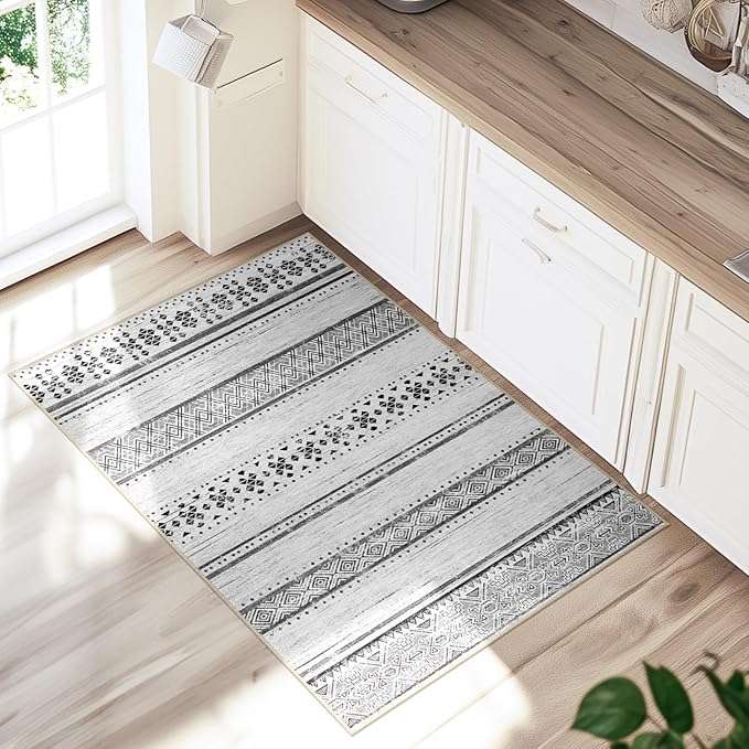 BESTSWEETIE 2x3 Area Rugs for Living Room Washable Moroccan Farmhouse Neutral Geometric Low Pile Non-Slip Soft Print Pattern Rug for Bedroom Kitchen Dining Room Entryway Grey/Black/Navy