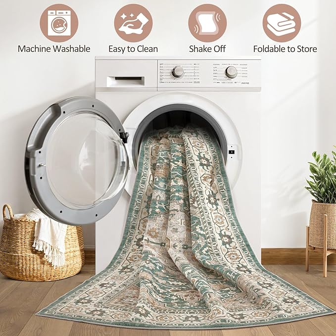 Green Rug Living Room Rugs: 8x10 Washable Boho Large Vintage Soft Stain Resistant Farmhouse Oriental Non Slip Indoor Floor Carpet for Bedroom Nursery Kids Playroom Office Dining Room Home Decor