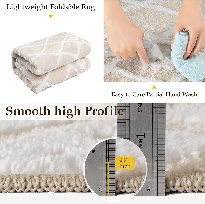 Ivory 6x9 Area Rug Moroccan Shag Living Room Washable Carpet Soft Non Shedding Neutral Boho Plush Pile Modern Large Throw Rug for Office Bedroom Dining Room Playroom