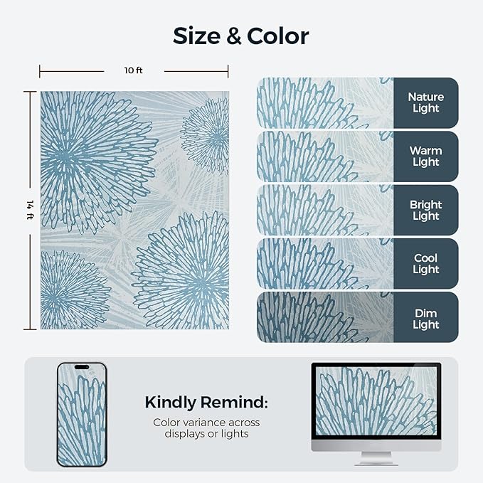 WITSHOCK 10x14 Washable Rug for Living Room,Modern Floral Distress Print Pattern Area Rugs,Stain Resistant with Non Slip Backing Carpet for Dining Room,Bedroom & Home Decor,Blue/Light Blue