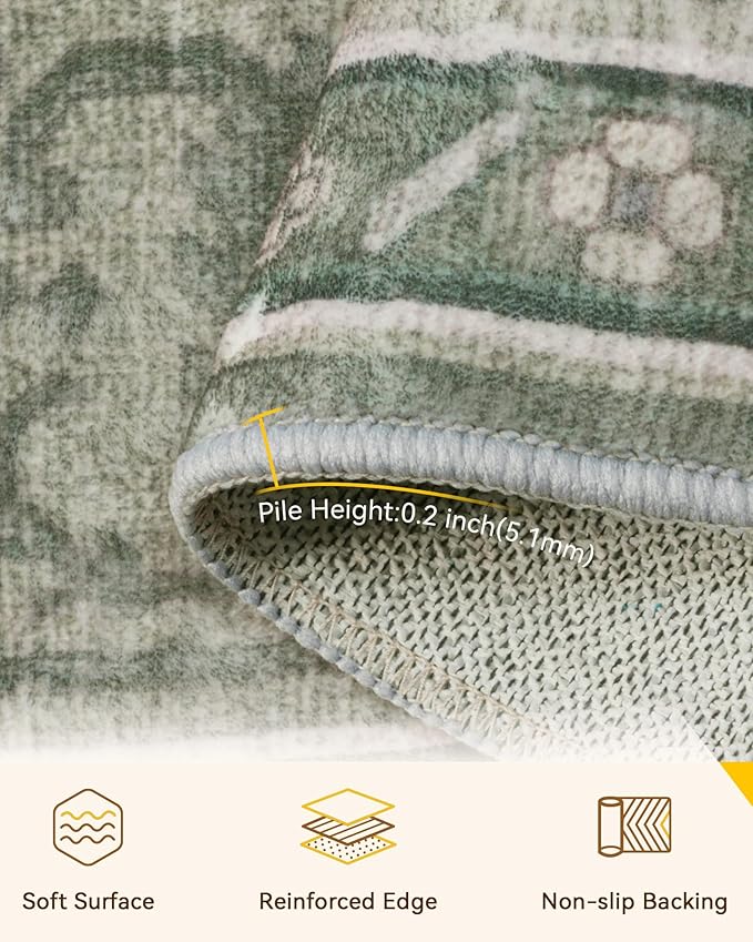 Area Rugs 3'x12' Washable Non-Slip, Floral Vintage Distress Print Pattern Medallion Carpet for Living Room Bedroom Dining Room, Dark Green Gray