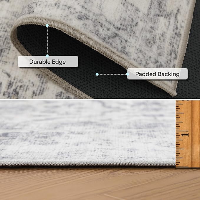 ReaLife Rugs Machine Washable Area Rug Runner - Living Room Bedroom Bathroom Kitchen Entryway Office - Padded Low Pile Stain Resistant Premium - Boho Farmhouse Vintage - Noor - Ivory Grey 2'6" x 6'