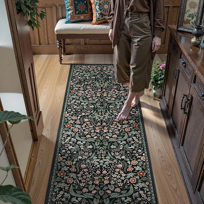Lahome Floral Washable Runner Rug, 2.6x8 Black Runners for Hallways Non Slip, Soft Low Pile Stain Resistant Kitchen Runner with Rubber Backing, Boho Thin Long Carpet for Entrance Laundry