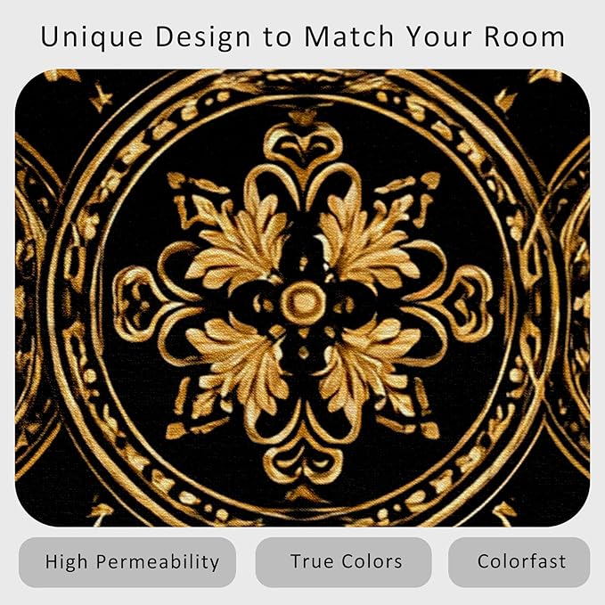 Black Gold Baroque Rug, Washable 5x7 Rug for Living Room, Floral Geometric Patterned Indoor Carpet, Black Gold Baroque Decor for Home, Bedroom, Soft Non Slip Thin Design FER68
