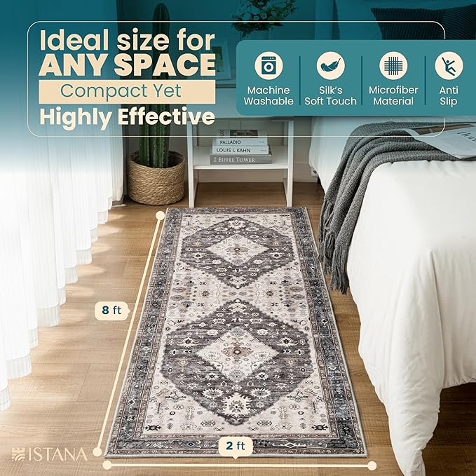 Istana Hallway Runner Rug 2x8 – Dark Grey Blue/Rose Mauve Entryway Rug -Silk's Soft Touch Runners for Hallways - Stylish Kitchen Runner Rug Non Slip