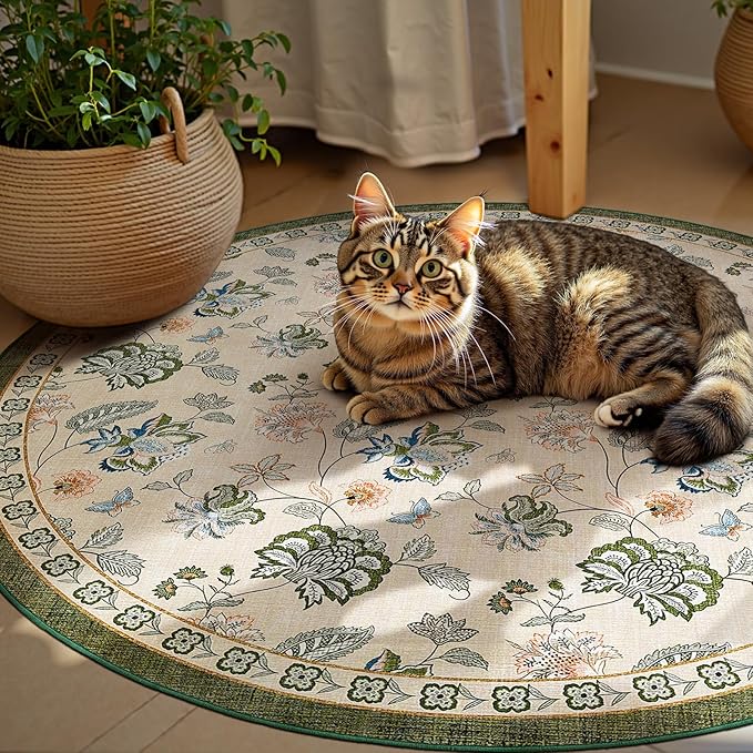 jinchan Elora 5ft Floral Round Rug for Entryway Washable Kitchen Rug Vintage Romance Design Non Slip Indoor Doormat Lightweight Low-Profile Throw Carpet for Living Room Dining Room, Green/Beige