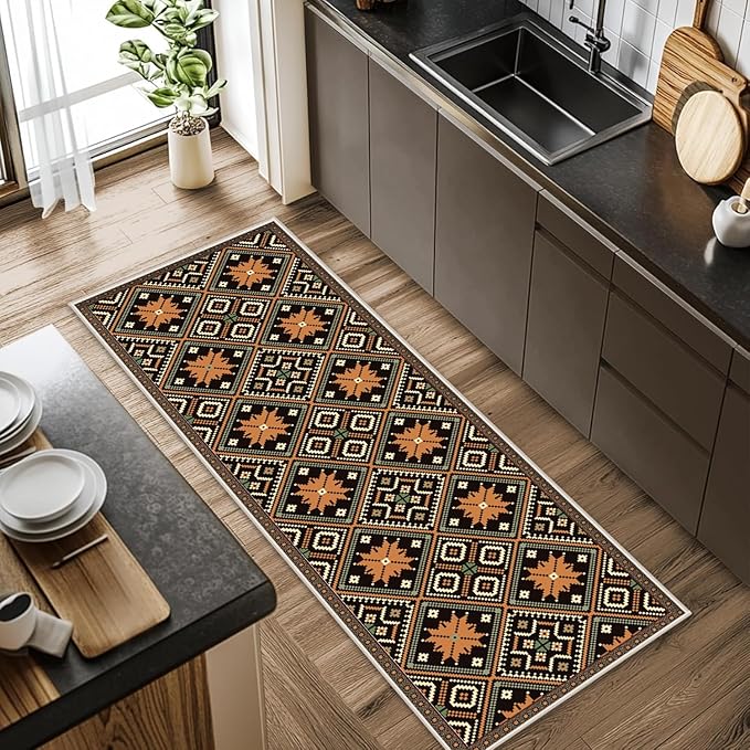 Brown Black Geometric Diamond Pattern Hallway Runner Rug - 2x10ft Soft Washable Rug, Corridor & Foyer High-Traffic Area Rugs, Durable Non-Slip Mat, Ethnic Southwestern Style Home Decor