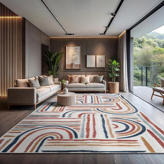 CAMILSON Indoor Outdoor Rug, Multicolor 10x14 Geometric Arch Striped Large Area Rugs for Patio and Home Areas, Easy-Cleaning Non-Shedding Living Room, Garden and Deck Washable Outside Carpet 10 x 14