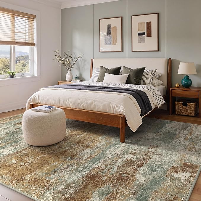 GENIMO Abstract Area Rug 6x9, Washable Large Modern Rug Non Slip, Low Pile Lightweight Soft Carpet for Living Room, Bedroom, Dining Room, Orange Green