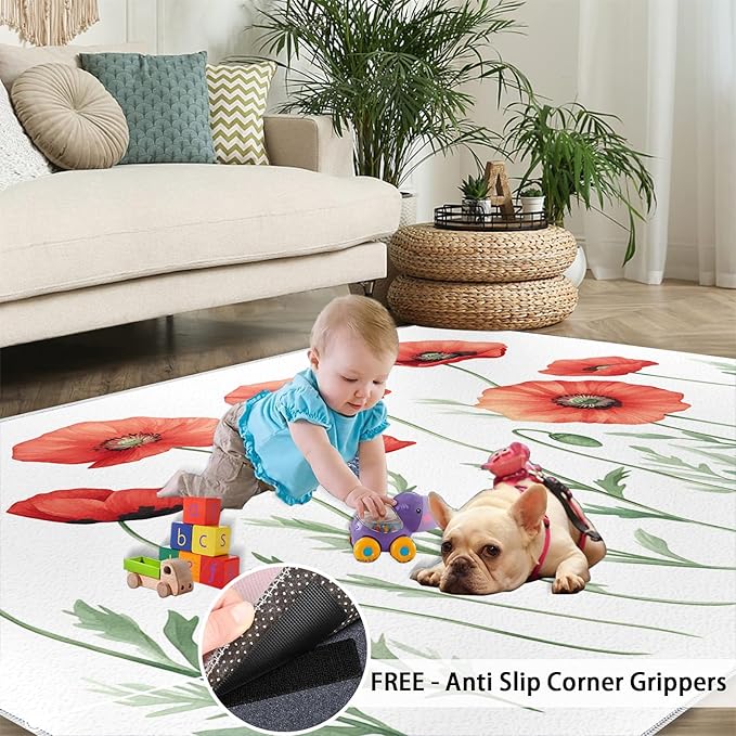 Little Red Flower Rugs for Bedroom - 2x3 Area Rug - Abstract 3D Flowers Rugs for Living Room, Modern Simple Art Rug, Non-Slip Washable Home Decor Carpet