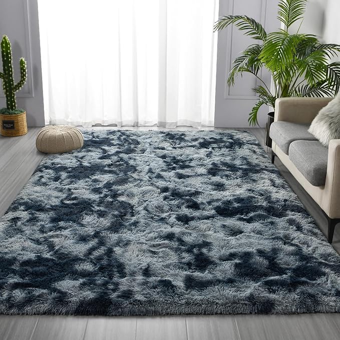 Large Shag Area Rugs 6 x 9, Tie-Dyed Plush Fuzzy Rugs for Living Room, Ultra Soft Fluffy Furry Rug for Bedroom, Indoor Carpet Nursery Rugs for Kids Room Home Decor, Blue and Grey