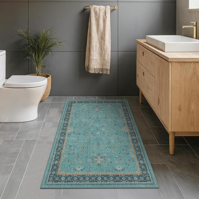 Teal 3x6 Wide Non Slip Kitchen Rug - Washable Front Door Runner Indoor Entrance, Vintage Floral Pattern Indoor Decor, Non Slip Soft Low Pile Fade Resistant
