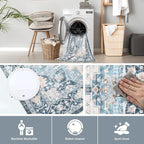Washable 9×12 Area Rug for Living Room, Vintage Floral Rug Soft Non Slip Stain Resistant Boho Carpet for Indoor Bedroom Dinning Room Home Office Blue/Ivory