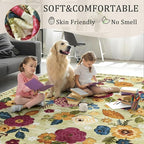 4x6 Machine Washable Area Rug for Living Room, Green Vintage Boho Floral Rug Large Non-Slip Low Pile Soft Faux Wool Carpet, Kids and Pets Friendly for Bedroom Dining Room Farmhouse Home Decor Rug