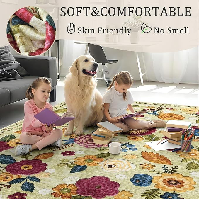 8x10 Machine Washable Area Rug for Living Room, Green Vintage Boho Floral Rug Large Non-Slip Low Pile Soft Faux Wool Carpet, Kids and Pets Friendly for Bedroom Dining Room Farmhouse Home Decor Rug