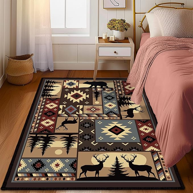 Rustic Cabin Wildlife Area Carpet for Living Room 4x6 Area Rug for Bedroom,Buffalo Plaid Bear Moose Deer Country,Vintage Throw Rug Indoor Rugs Non Slip Soft Floor Carpets Mat for Dining Room,Office