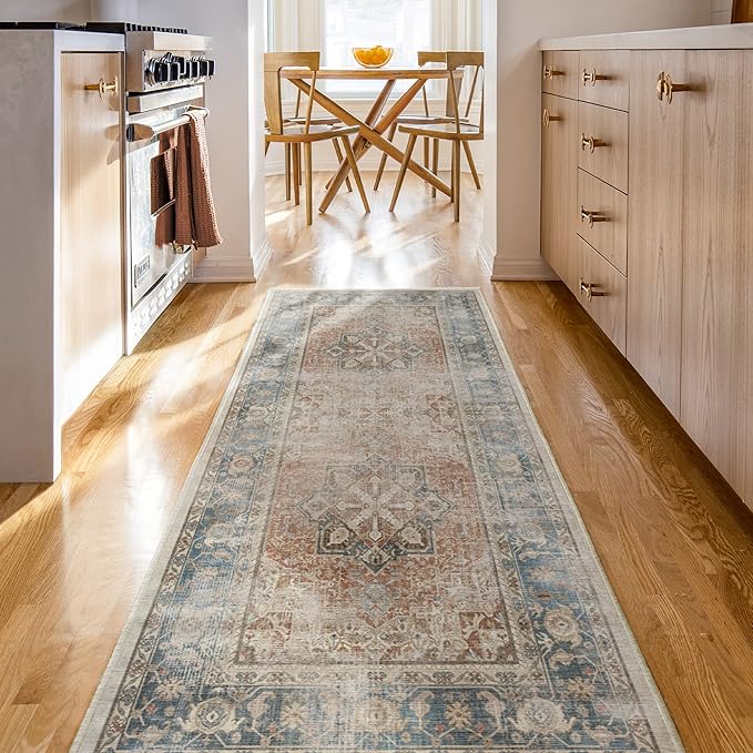 RUGGABLE Washable Vintage Runner Rug – Kamran Coral 2.5x10, Stain-Resistant, Non-Slip Hallway Runner – Machine Washable Rug for Hallway, Entryway, Living Room & Kitchen–with Cushioned Pad