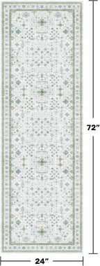 Washable Oushak 2x6 Bathroom Runner Rug, Eclectic Boho Floral Pastel, Non Slip Low Pile Stain Resistant Small Throw Rug for Bedroom, Laundry Room, Powder Room, Cream Green