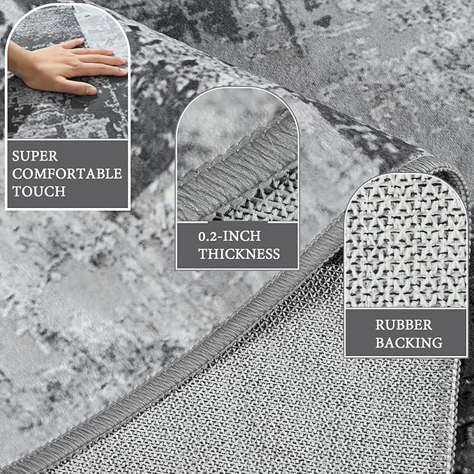 LOCHAS Washable Runner Rugs for Hallway, 2x6 Non Sip Soft Rug for Bedroom Entryway Kitchen Laundry Room, Long Abstract Carpet for Indoor Floor Bedside, Grey Geometric Vintage Decor, Pet & kid Friendly