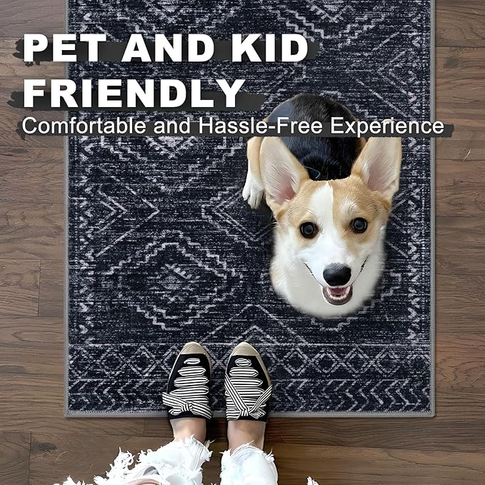 KILOCOCO Boho Kitchen Runner Rug 2x5 Washable Runner Rug, Soft Runners for Hallways Non Slip Printed Distressed Laundry Room Rug, Low-Pile Rug for Entryway/Bedroom/Living Room, Black/Navy
