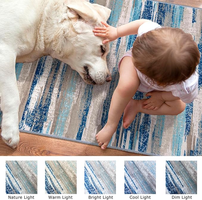 Modern Abstract Runner Rug 3x12, Blue Washable Long Kitchen Runner Non-Slip Soft Hallway Rug Runner Thin Print Faux Wool Carpet for Entryway Bedroom Laundry Room Indoor Home Decor