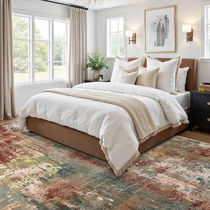 Washable Area Rugs 6'x8' Non-Slip Modern Abstract Soft for Living Room Entryway Bedroom Nursery, Print Pattern, Brown Rust Red Multi