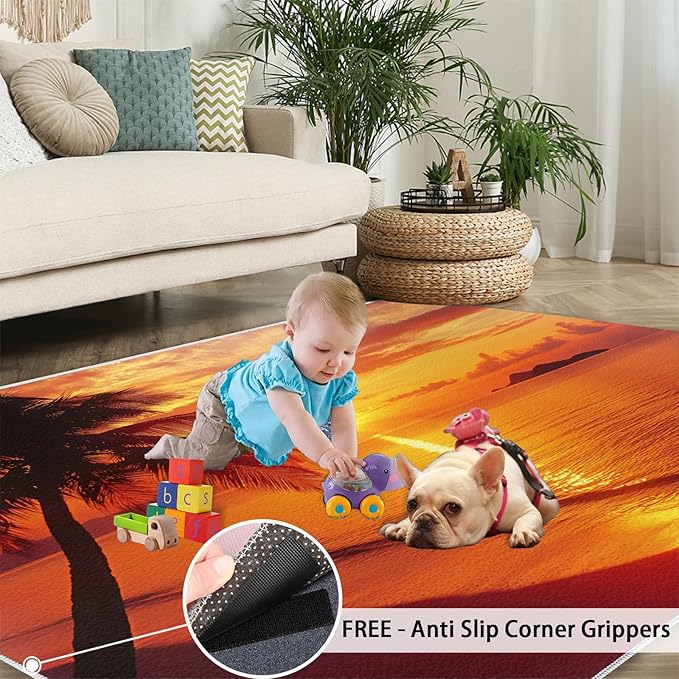 Coastal Rugs for Bedroom - 5x8 Area Rug - Ocean Beach Rugs for Living Room, Sunset Palm Trees Rug, Non-Slip Washable Home Decor Carpet