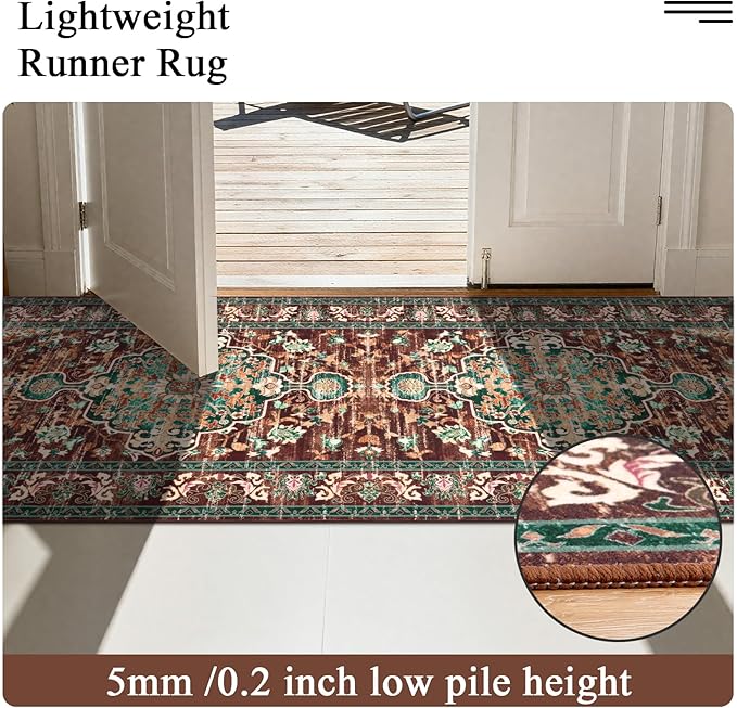U'Artlines 3' x 10' Boho Hallway Runner Rug, Rust Non Slip Washable Vintage Farmhouse Accent Rug Carpet for Kitchen Entryway Laundry and Living Room (Rust＆Teal)