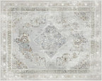 Phantoscope Washable Area Rug 8'x10' Non-Slip, Vintage Neutral Rugs for Living Room, Bedroom, Dining Room, Distressed Boho Medallion Pattern, Low-Pile Foldable Floor Carpet, Silver Grey/Taupe
