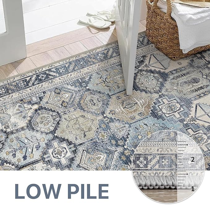 Bavni Washable Rug 5x7 Area Rug for Living Room Bedroom Dining, Washable Vintage Print Carpet, Ultra-Thin Chenille Low Pile Lightweight Rug with Non Slip Backing, Blue