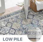 Bavni Washable Rug 8x10 Area Rug for Living Room Bedroom Dining, Washable Vintage Print Carpet, Ultra-Thin Chenille Low Pile Lightweight Rug with Non Slip Backing, Blue