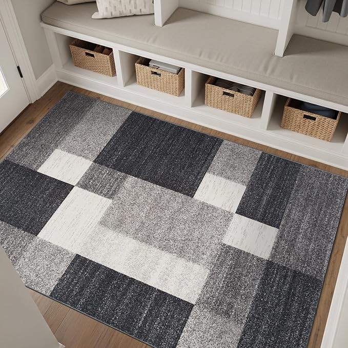 Rugshop Gray Modern Geometric Boxes Non-Slip Area Rug Non-Shedding for Dining Room, Bedroom and Living Room, 4' x 6'