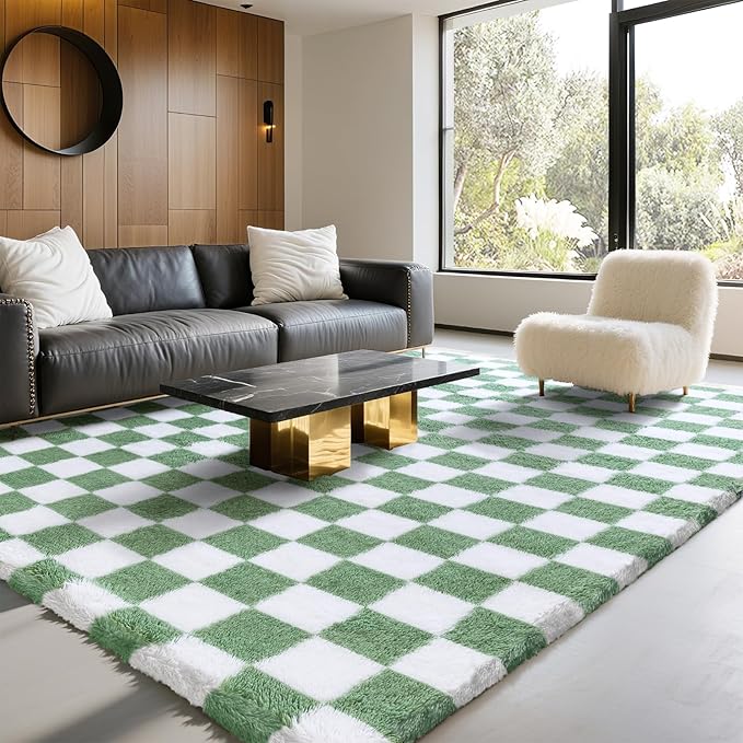 6x9 Area Rugs for Living Room Bedroom, Soft Fluffy Shaggy Bedside Rug, Indoor Floor Carpet for Kids Playroom, Dorms, Nursery Rooms, Home Decor (Green & White 6'x9')