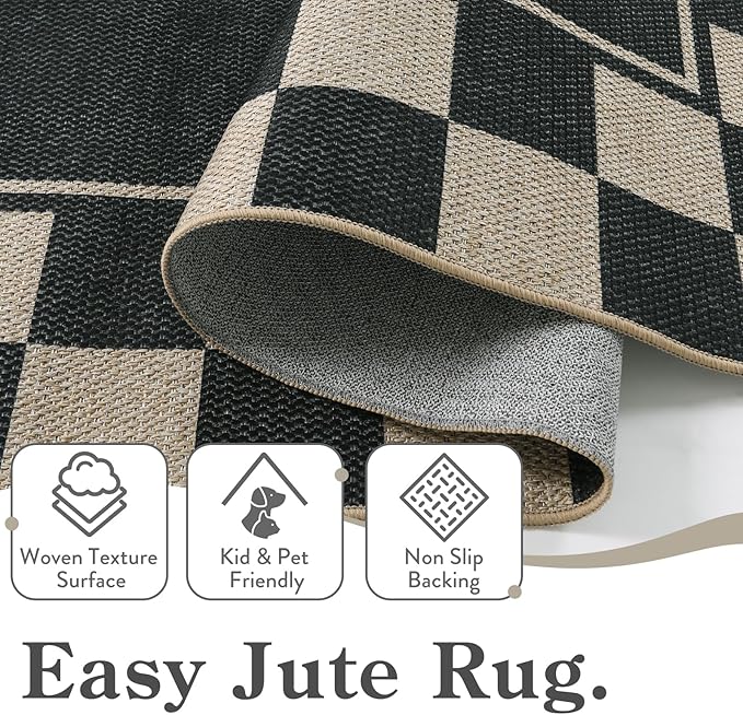 Moynesa Checkered Easy Jute Outdoor Rug 8x10 Area Rugs for Living Room, Black Washable Indoor Outdoor Patio Rug Non Slip, Large Farmhouse Carpet for Bedroom Dining Room Backyard