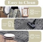 Washable Area Rugs 8x10, Large Rugs for Living Room, Carpet for Bedroom, Soft Faux Wool Retro Dining Room Rug, Non-Slip Backing Resistant Low Pile Vintage Print Rug for Home Office (Grey)