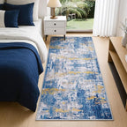 Washable Area Rugs 2'x6' Non-Slip Modern Abstract Soft for Living Room Entryway Bedroom Nursery, Print Pattern, Grey Blue Gold/Golden